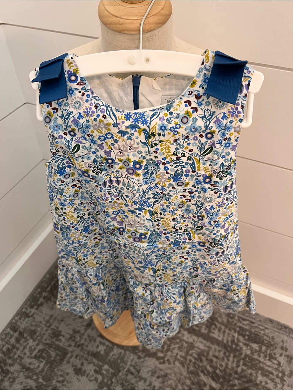 Blue Floral Bow-Shoulder Casual Dress for Girls